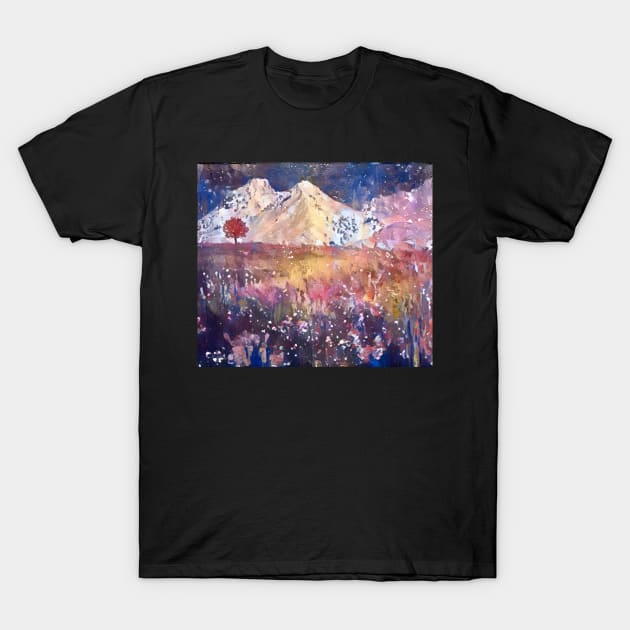 Abstract Flower field in the Mountains Still Life of a lonely tree T-Shirt by DSQuality Design